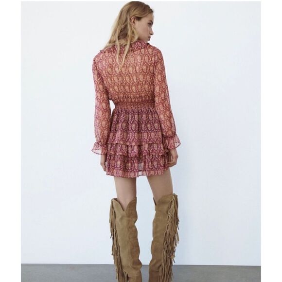 Zara Ruffled Printed Metallic Long Sleeve Mini Dress, Size Small - Picture 4 of 15